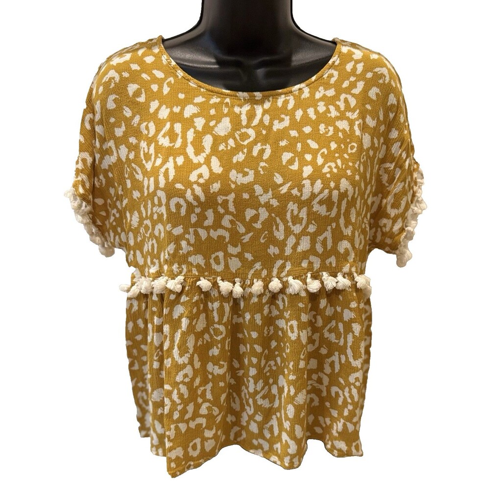 Andree by Unit Womens Animal Print Blouse Size L Short Sleeve Tassels Mustard